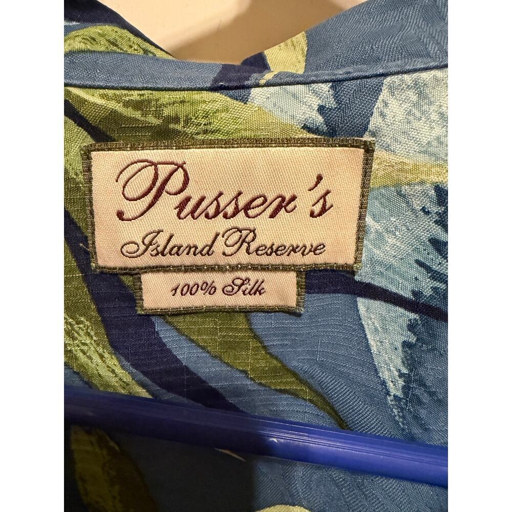 Pusser’s Blue Green Men’s Silk Short Sleeve Button Up Tropical Hawaiin Shirt L - Picture 6 of 11